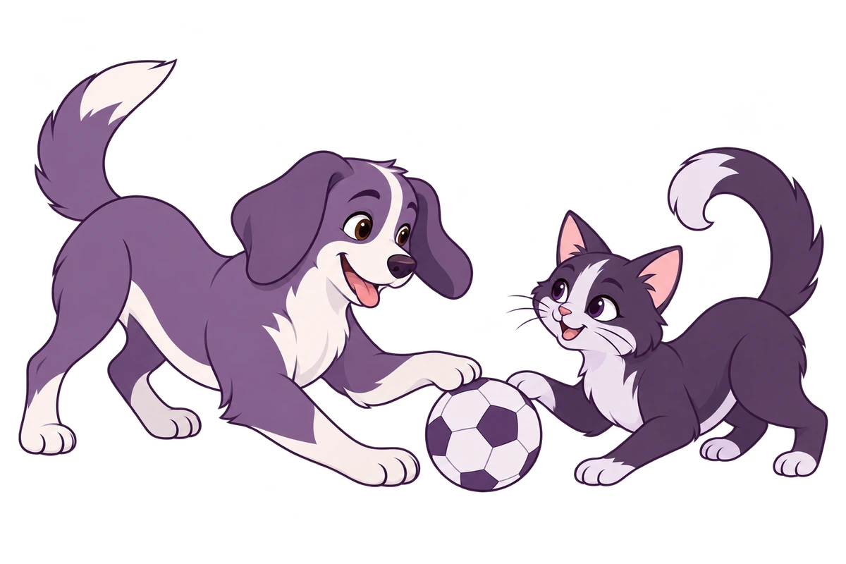 Ilustración de un perro y un gato jugando con una pelota